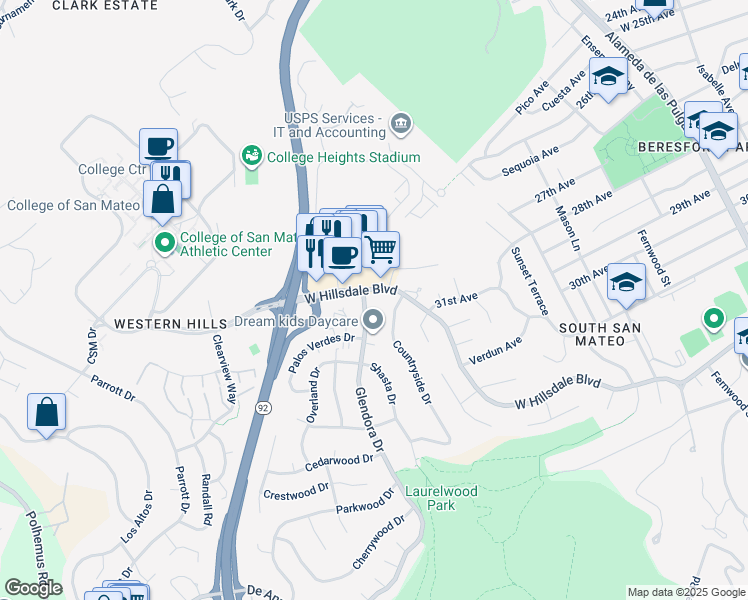 map of restaurants, bars, coffee shops, grocery stores, and more near 1206 West Hillsdale Boulevard in San Mateo
