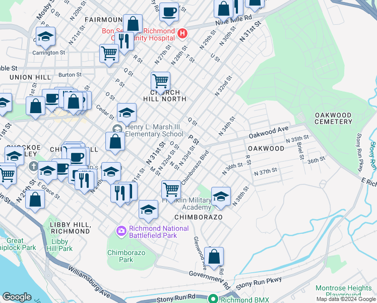map of restaurants, bars, coffee shops, grocery stores, and more near 921 North 33rd Street in Richmond