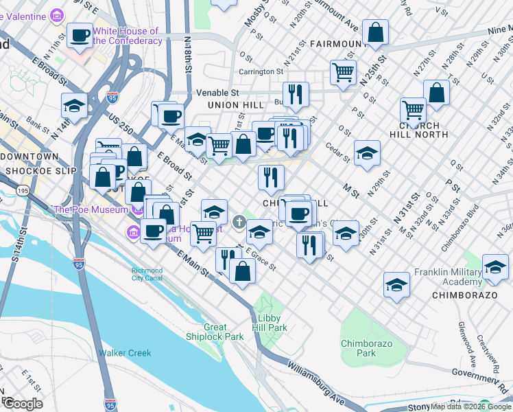 map of restaurants, bars, coffee shops, grocery stores, and more near 404 North 25th Street in Richmond