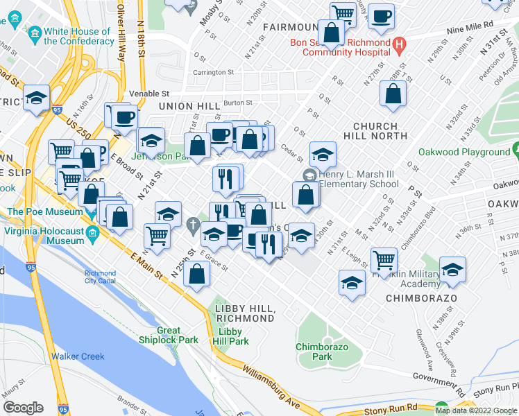 map of restaurants, bars, coffee shops, grocery stores, and more near 516 North 27th Street in Richmond