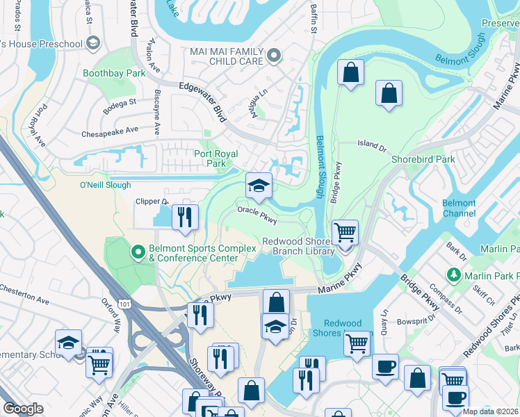 map of restaurants, bars, coffee shops, grocery stores, and more near 275 Oracle Parkway in Redwood City
