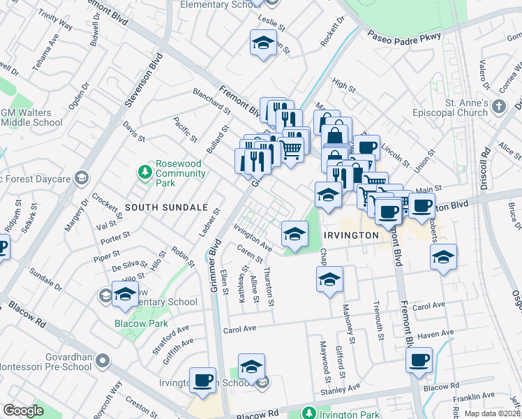 map of restaurants, bars, coffee shops, grocery stores, and more near 40832 Townsend Terrace in Fremont
