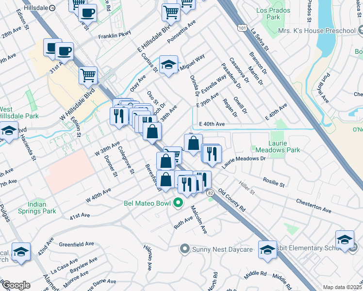 map of restaurants, bars, coffee shops, grocery stores, and more near 19 East 41st Place in San Mateo