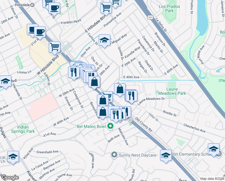 map of restaurants, bars, coffee shops, grocery stores, and more near 36 East 40th Avenue in San Mateo