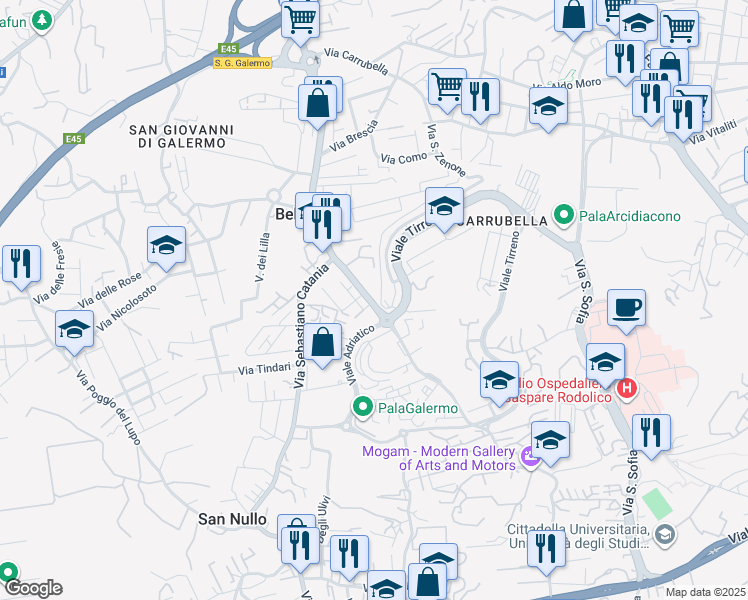 map of restaurants, bars, coffee shops, grocery stores, and more near 258 Via Galermo in Catania