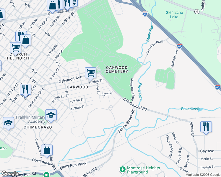 map of restaurants, bars, coffee shops, grocery stores, and more near 3506 East Richmond Road in Richmond