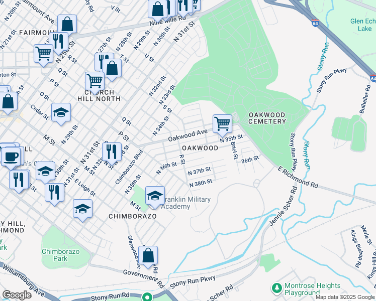 map of restaurants, bars, coffee shops, grocery stores, and more near 1211 North 35th Street in Richmond