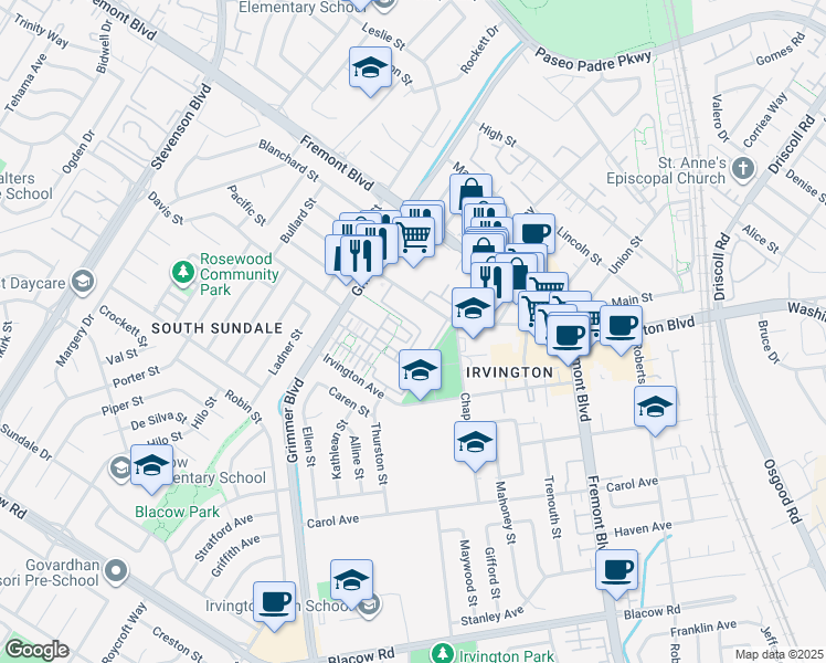 map of restaurants, bars, coffee shops, grocery stores, and more near 4310 Providence Terrace in Fremont