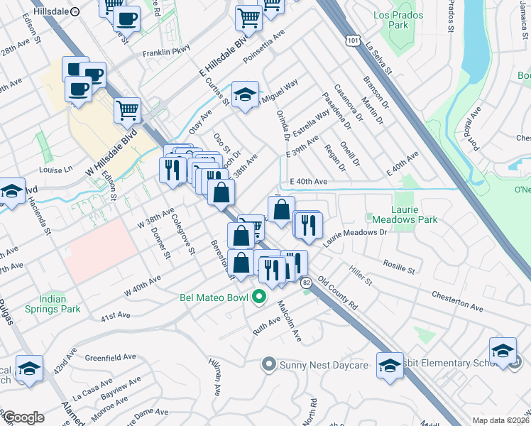 map of restaurants, bars, coffee shops, grocery stores, and more near 19 East 41st Place in San Mateo