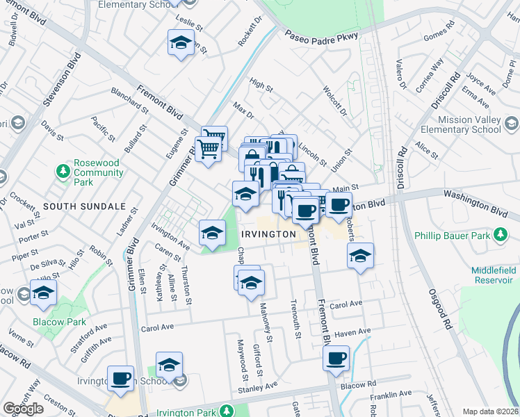 map of restaurants, bars, coffee shops, grocery stores, and more near 4128 Bay Street in Fremont