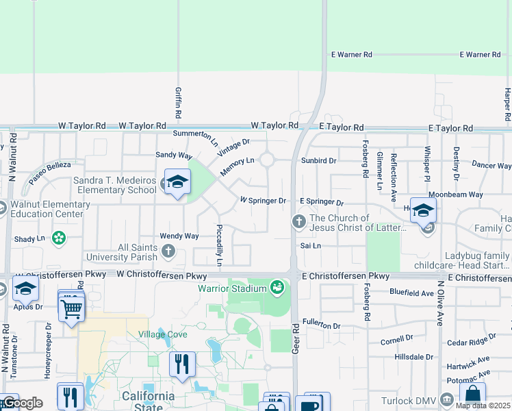 map of restaurants, bars, coffee shops, grocery stores, and more near 287 West Springer Drive in Turlock