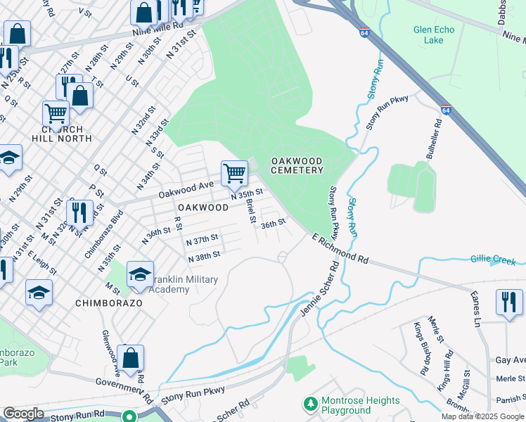 map of restaurants, bars, coffee shops, grocery stores, and more near 3522 East Richmond Road in Richmond