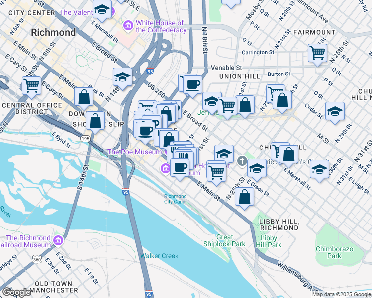 map of restaurants, bars, coffee shops, grocery stores, and more near 2006 East Franklin Street in Richmond
