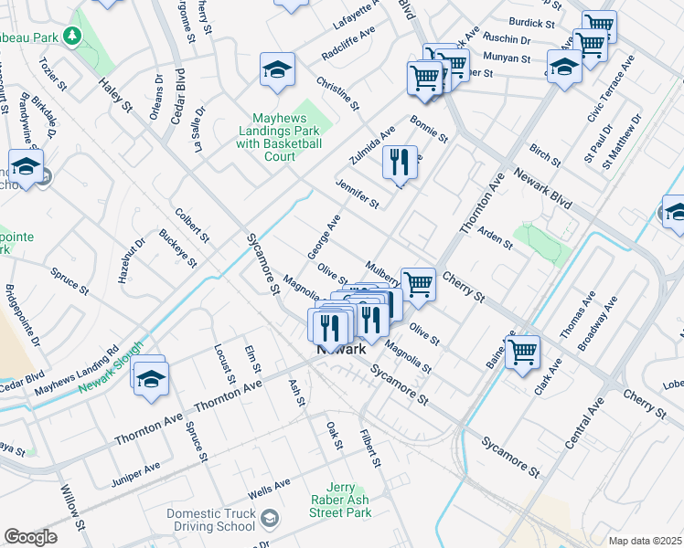 map of restaurants, bars, coffee shops, grocery stores, and more near 36758 Olive Street in Newark