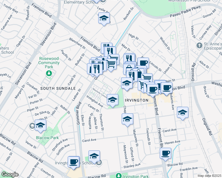map of restaurants, bars, coffee shops, grocery stores, and more near 4310 Providence Terrace in Fremont