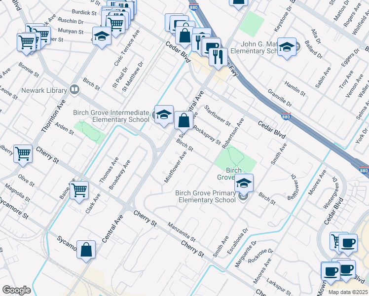map of restaurants, bars, coffee shops, grocery stores, and more near 37787 Birch Street in Newark