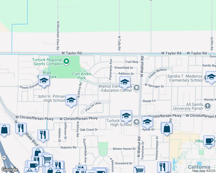 map of restaurants, bars, coffee shops, grocery stores, and more near 2300 Paseo Del Sol in Turlock