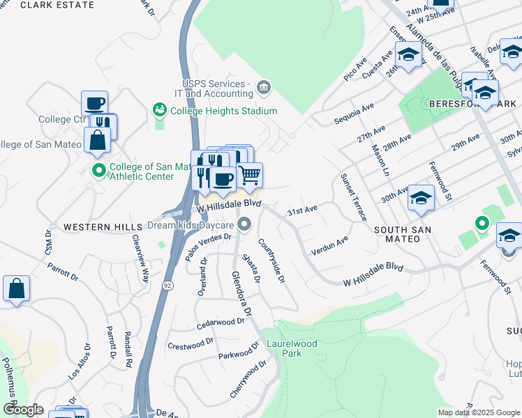 map of restaurants, bars, coffee shops, grocery stores, and more near 3200 Countryside Drive in San Mateo