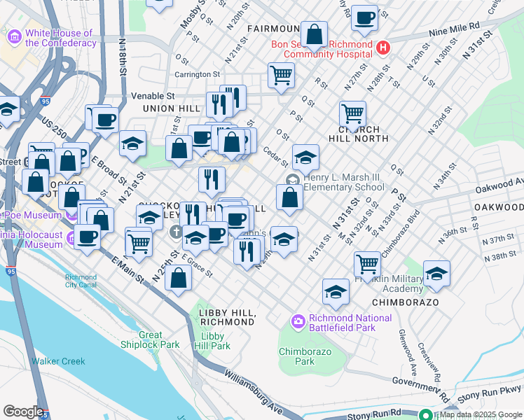 map of restaurants, bars, coffee shops, grocery stores, and more near 519 North 27th Street in Richmond
