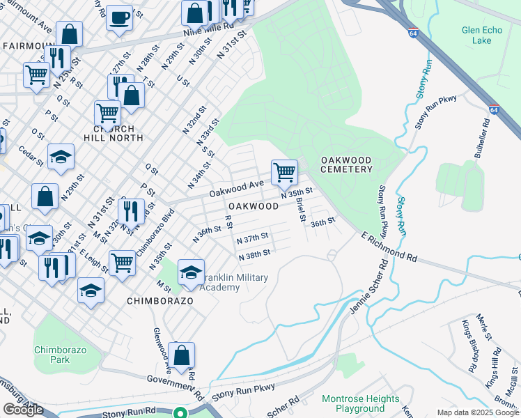 map of restaurants, bars, coffee shops, grocery stores, and more near 1229 North 35th Street in Richmond