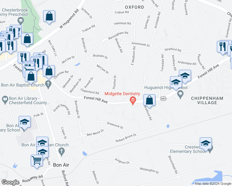 map of restaurants, bars, coffee shops, grocery stores, and more near 2601 Thurloe Drive in Richmond