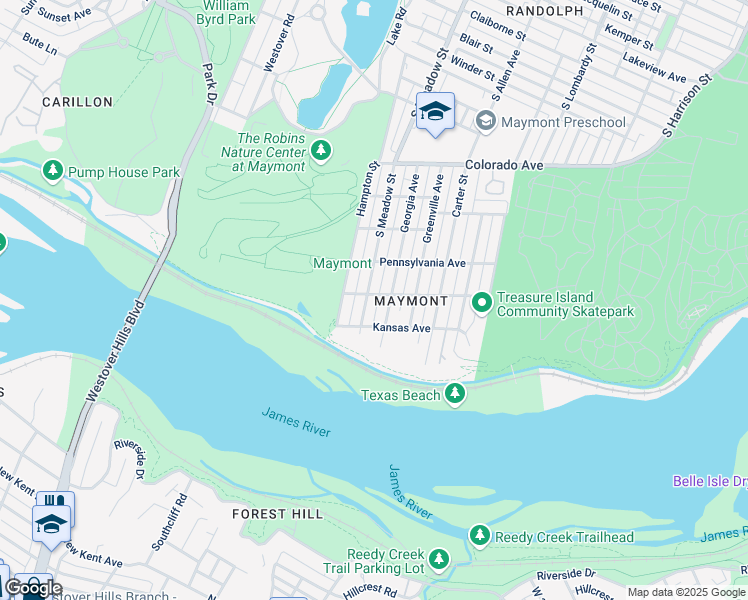 map of restaurants, bars, coffee shops, grocery stores, and more near 1801 South Meadow Street in Richmond