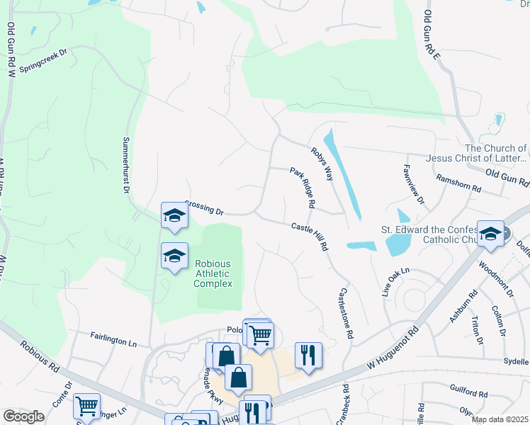 map of restaurants, bars, coffee shops, grocery stores, and more near 2731 Castle Hill Road in Midlothian