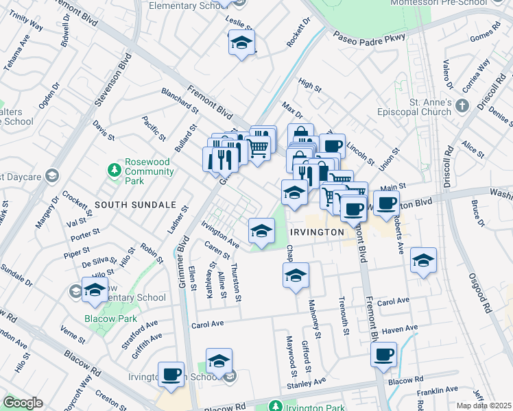 map of restaurants, bars, coffee shops, grocery stores, and more near 4310 Providence Terrace in Fremont