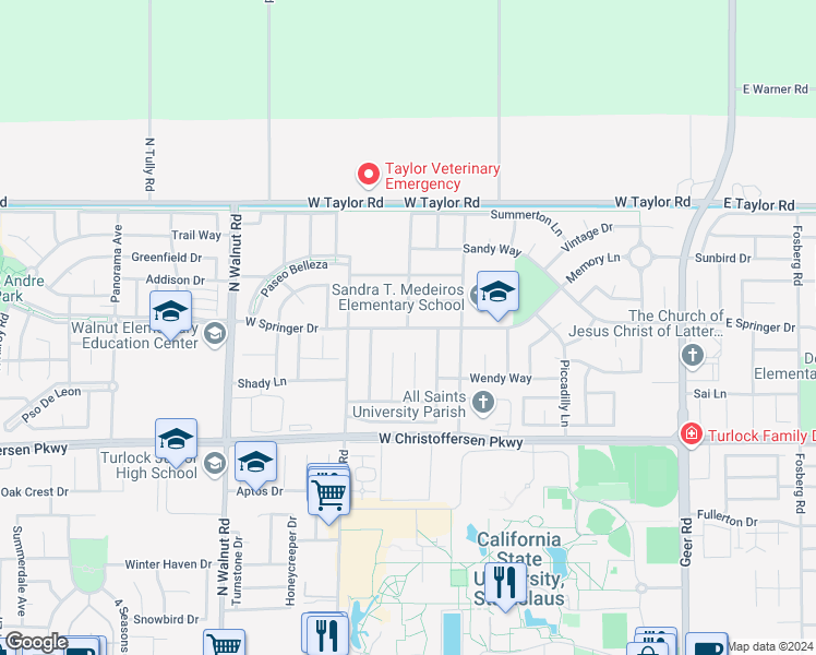 map of restaurants, bars, coffee shops, grocery stores, and more near 999 West Springer Drive in Turlock