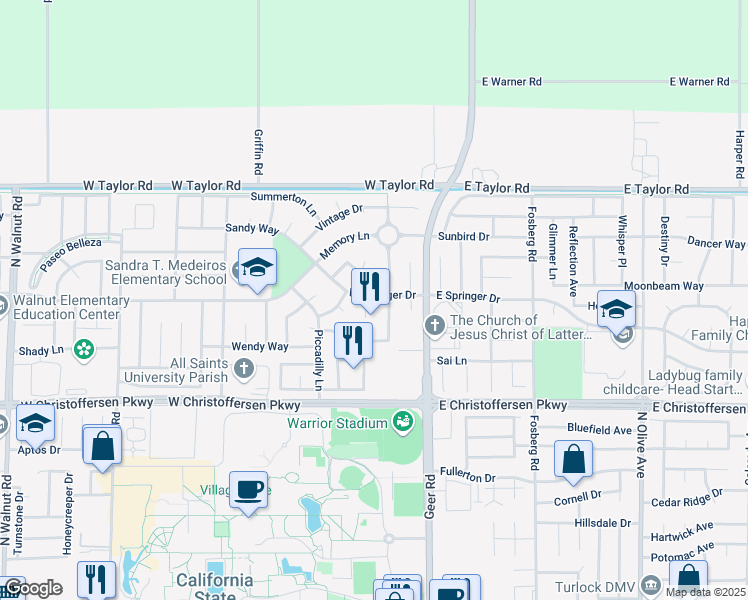 map of restaurants, bars, coffee shops, grocery stores, and more near 287 West Springer Drive in Turlock