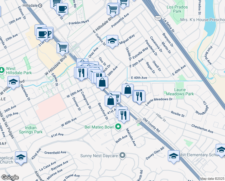 map of restaurants, bars, coffee shops, grocery stores, and more near 3925 South El Camino Real in San Mateo