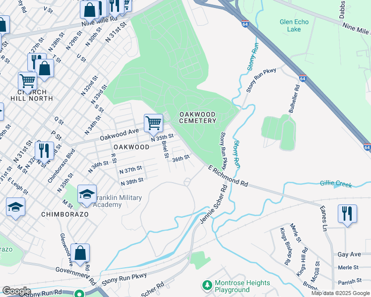 map of restaurants, bars, coffee shops, grocery stores, and more near 3506 East Richmond Road in Richmond