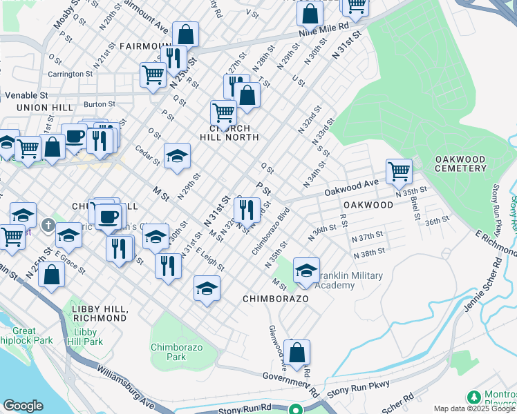 map of restaurants, bars, coffee shops, grocery stores, and more near 921 North 33rd Street in Richmond