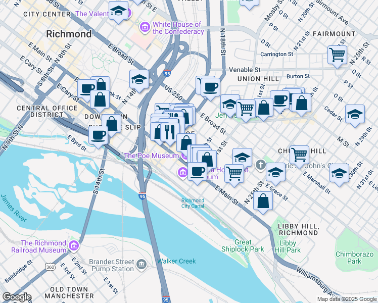 map of restaurants, bars, coffee shops, grocery stores, and more near 1900 East Franklin Street in Richmond