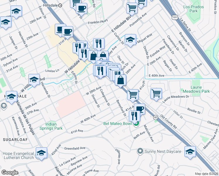 map of restaurants, bars, coffee shops, grocery stores, and more near 3802 King Lane in San Mateo