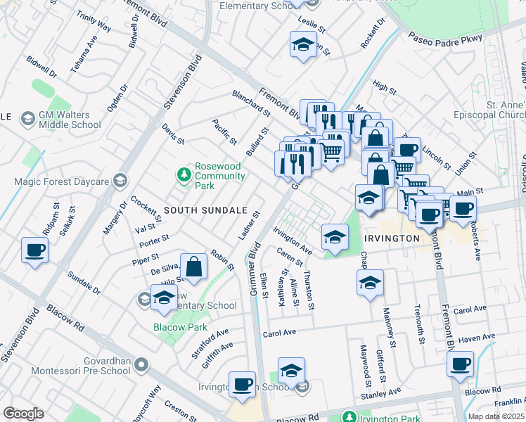 map of restaurants, bars, coffee shops, grocery stores, and more near 4372 Ladner Street in Fremont