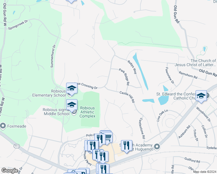 map of restaurants, bars, coffee shops, grocery stores, and more near 2731 Castle Hill Road in Midlothian