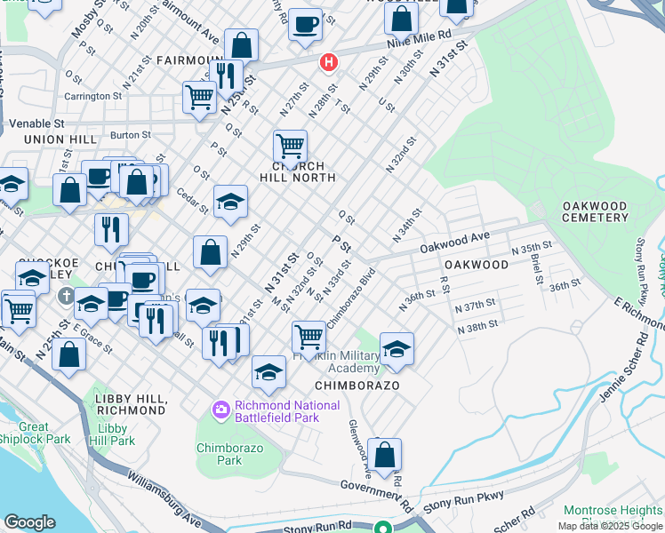 map of restaurants, bars, coffee shops, grocery stores, and more near 3212 O Street in Richmond