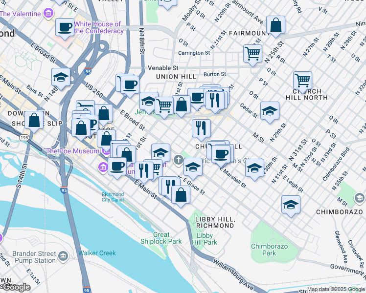 map of restaurants, bars, coffee shops, grocery stores, and more near 316 North 24th Street in Richmond