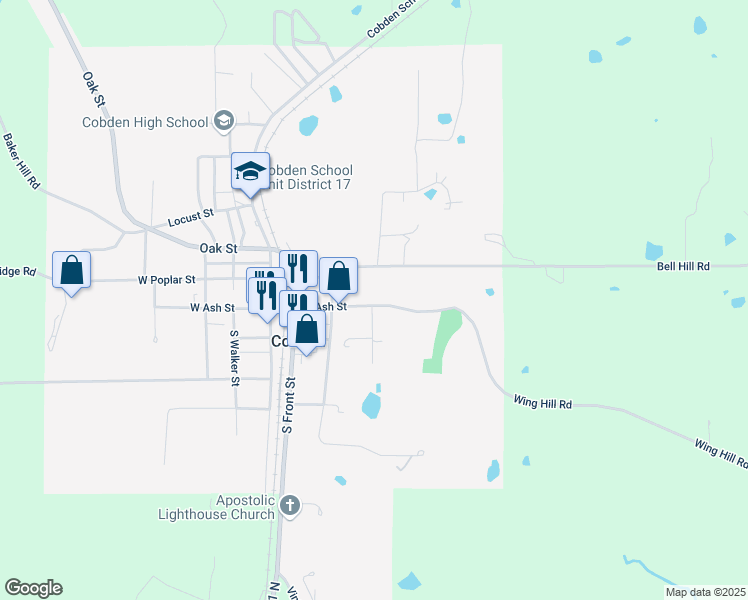 map of restaurants, bars, coffee shops, grocery stores, and more near 300 East Ash Street in Cobden