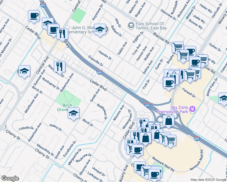 map of restaurants, bars, coffee shops, grocery stores, and more near Ambrosia Street in Newark