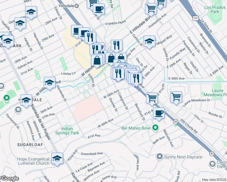 map of restaurants, bars, coffee shops, grocery stores, and more near 10 Colegrove Court in San Mateo