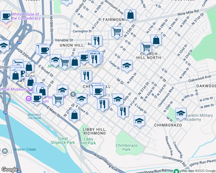 map of restaurants, bars, coffee shops, grocery stores, and more near 519 North 27th Street in Richmond