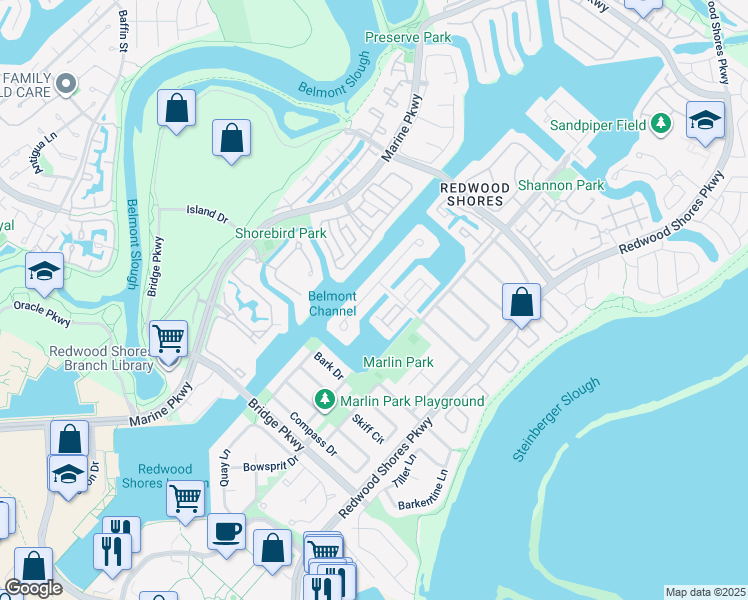 map of restaurants, bars, coffee shops, grocery stores, and more near 588 Marlin Court in Redwood City