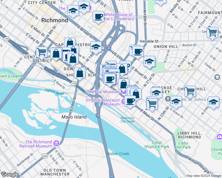 map of restaurants, bars, coffee shops, grocery stores, and more near 1731 East Main Street in Richmond