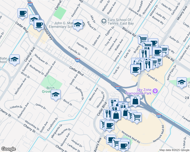 map of restaurants, bars, coffee shops, grocery stores, and more near 38515 Amaranto Street in Newark