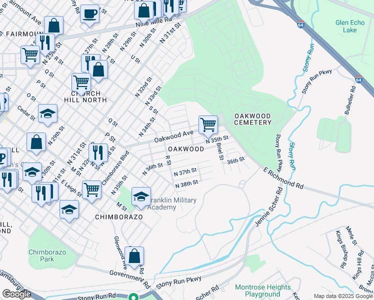 map of restaurants, bars, coffee shops, grocery stores, and more near 1229 North 35th Street in Richmond