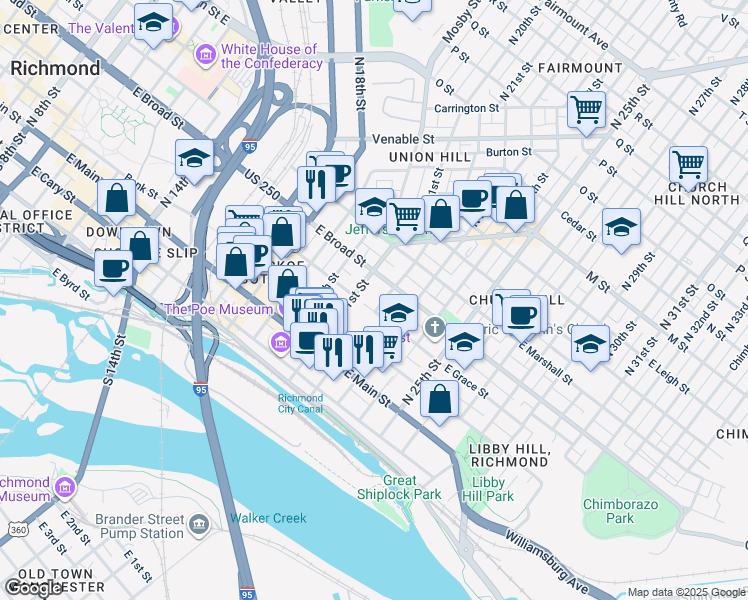 map of restaurants, bars, coffee shops, grocery stores, and more near 200 North 22nd Street in Richmond