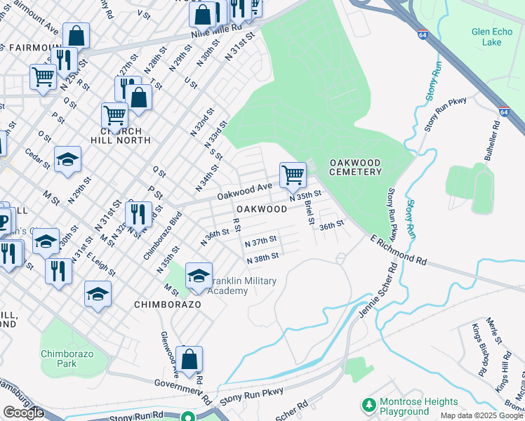 map of restaurants, bars, coffee shops, grocery stores, and more near 1229 North 35th Street in Richmond