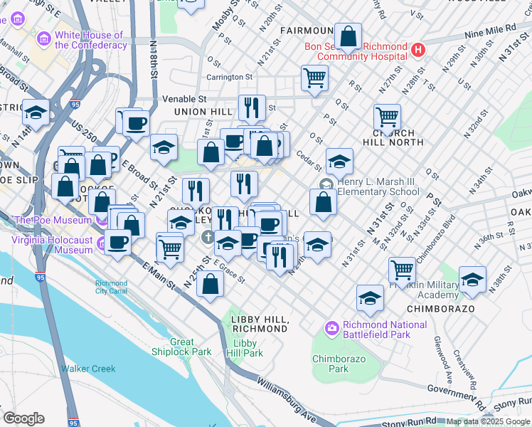 map of restaurants, bars, coffee shops, grocery stores, and more near N 26th St & E Clay St in Richmond